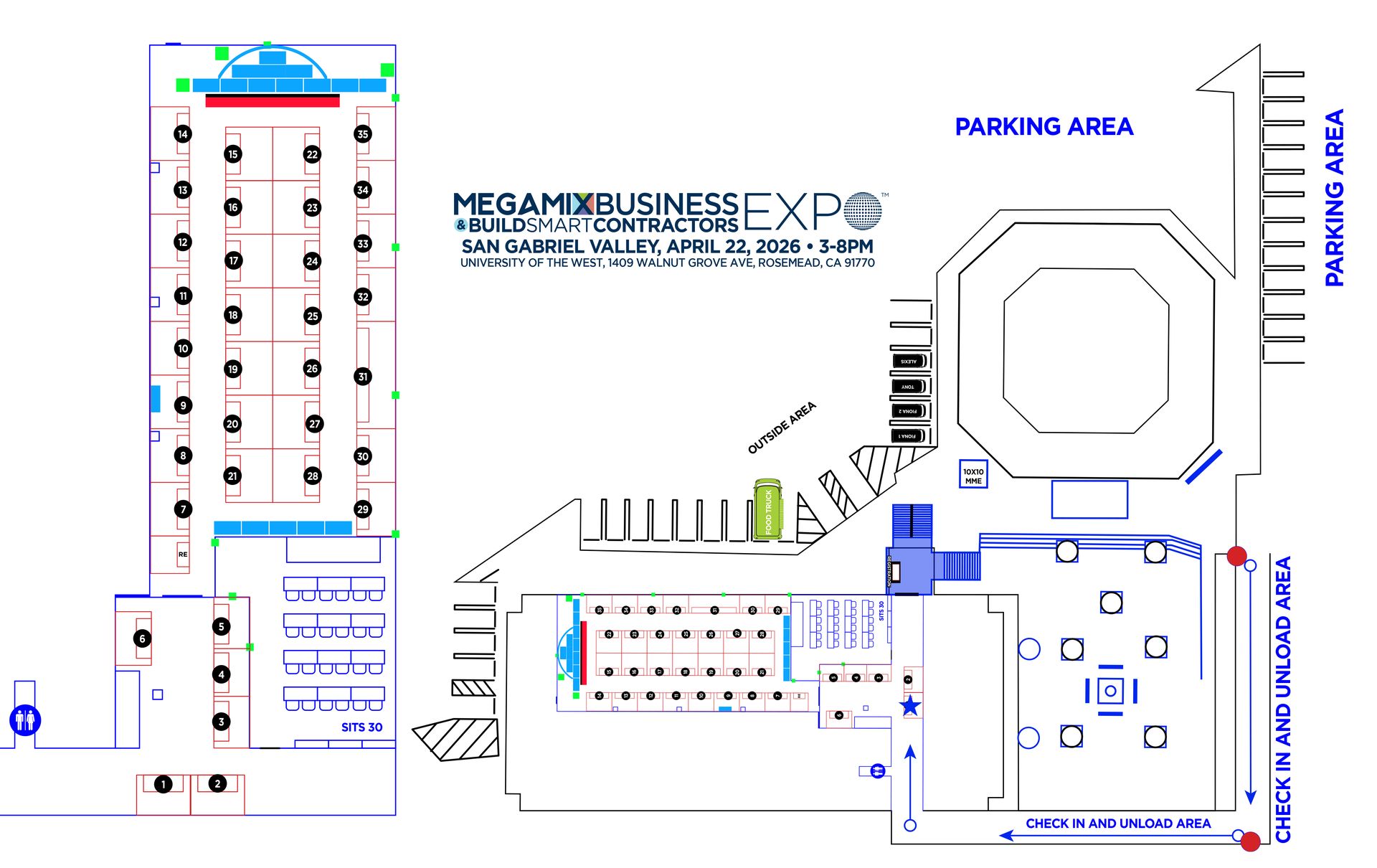 Site plan of the Megamix Expo floor at University of the West, Rosemead: numbered exhibitor stands in rows across the hall, with check-in, the parking lots and the outside area marked.